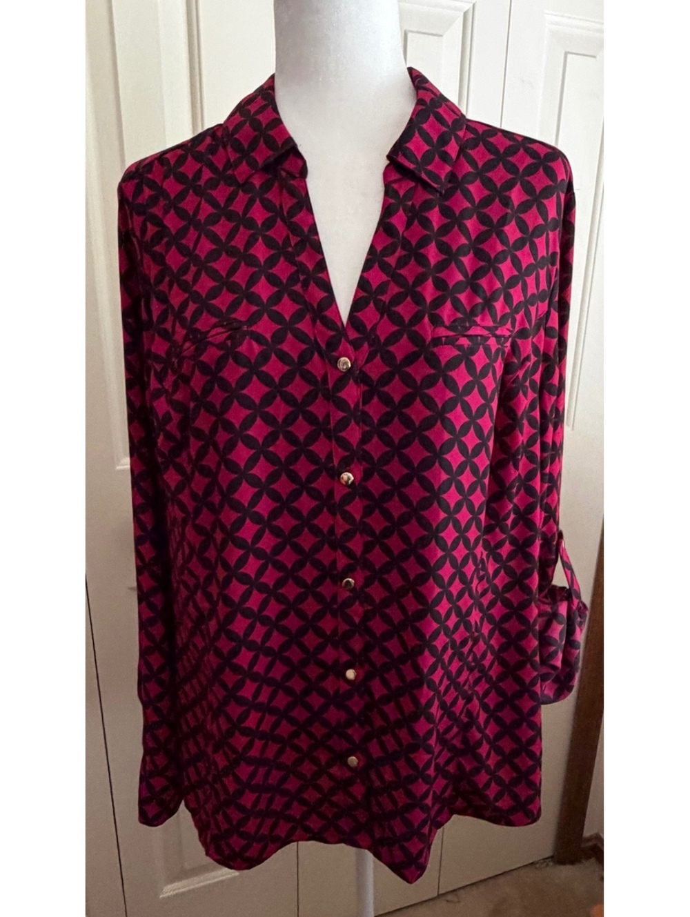 Dana Buchman Pink Black Geometric Button Front Blouse XXL